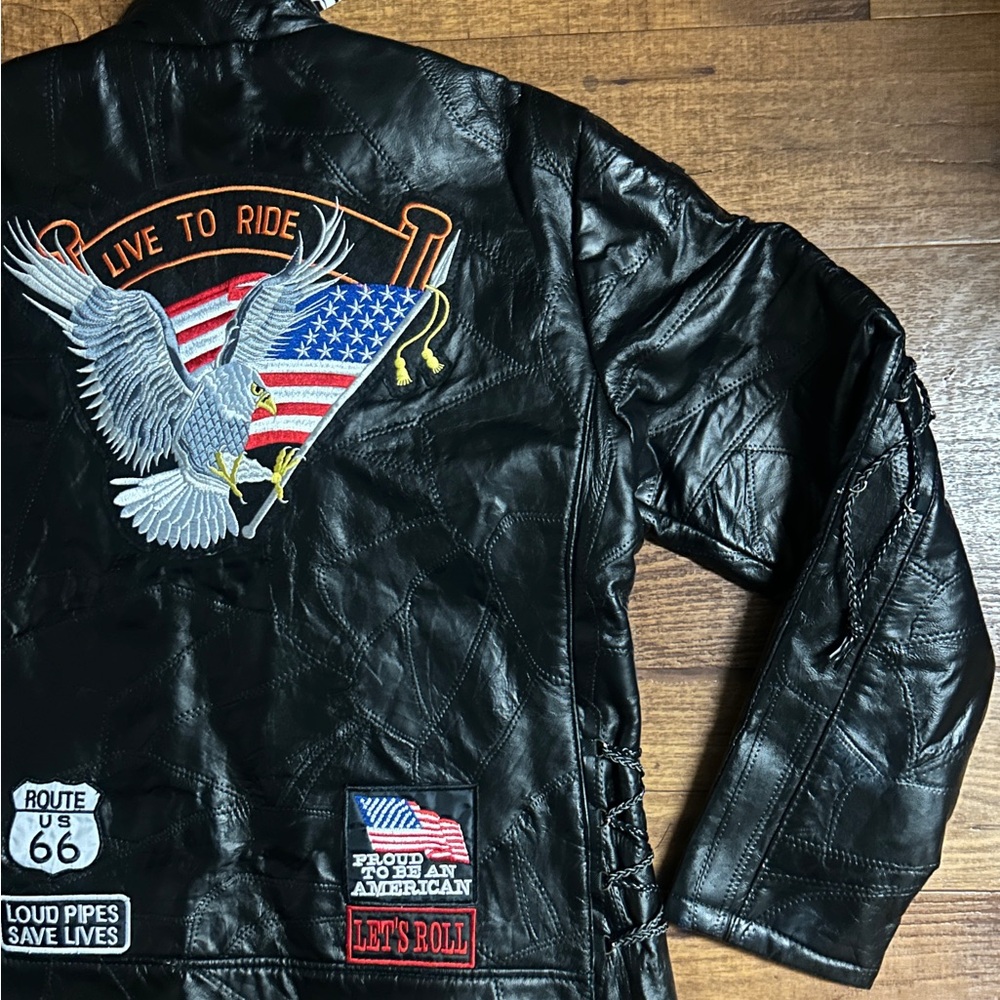 Diamond Plate Men’s Size 3 X-Large Motorcycle  Black Leather Patches Jacket ~New - Picture 7 of 16